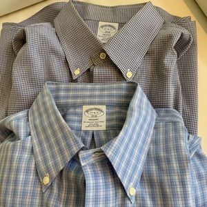 2 Brooks Brothers blue plaid polo button down shirts.